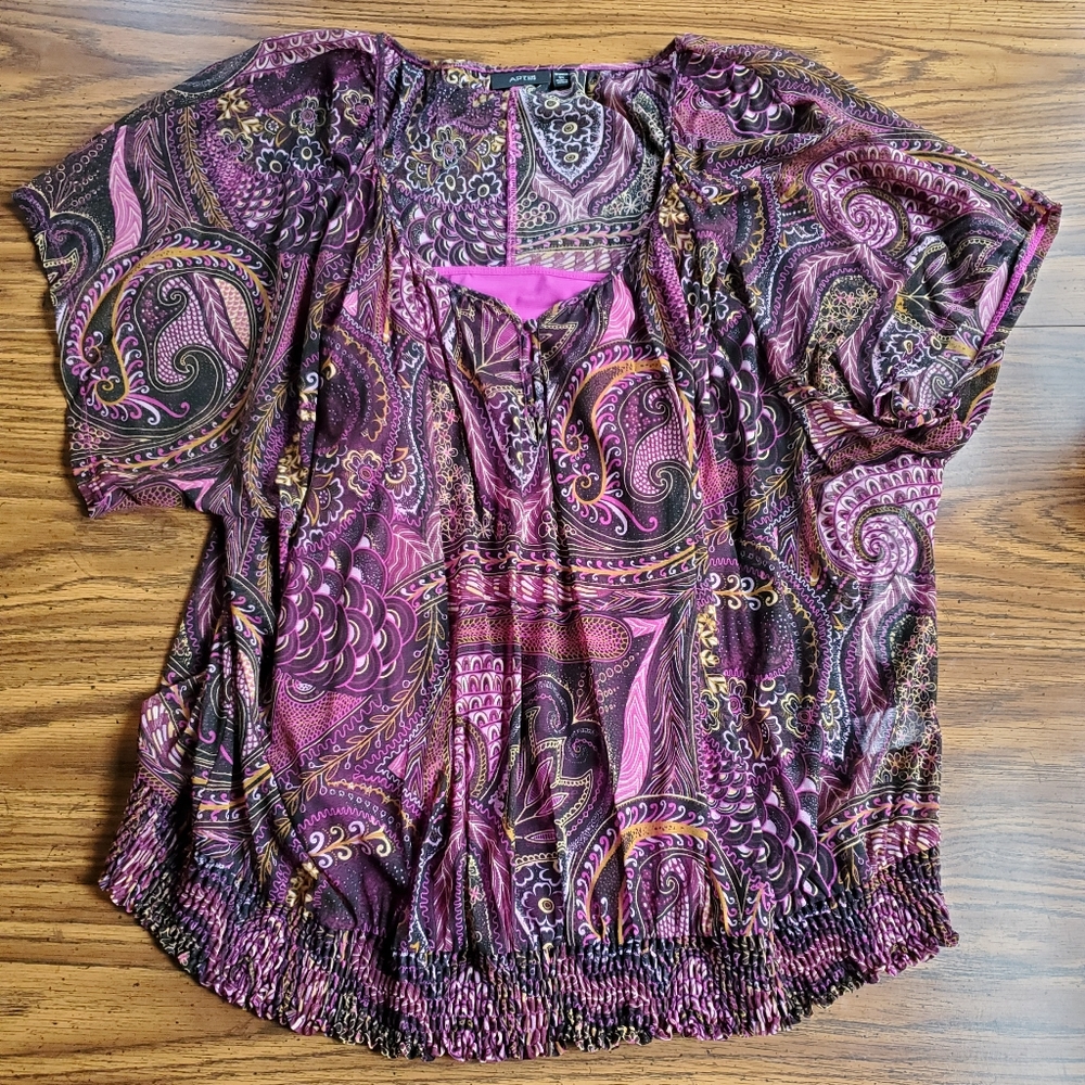 NWOT- Apt. 9 Paisley Sheer Blouse & Magenta Camisole Set 2X